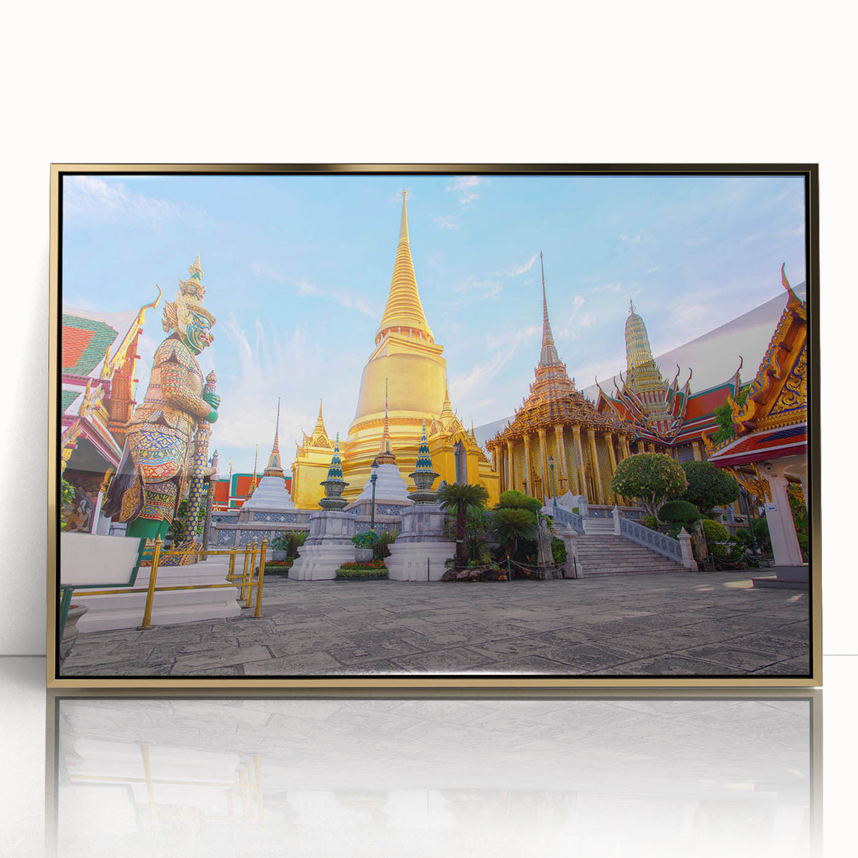 Large art print of Bangkok skyline in gold and black tones on framed acrylic, ideal for modern art wall decor.