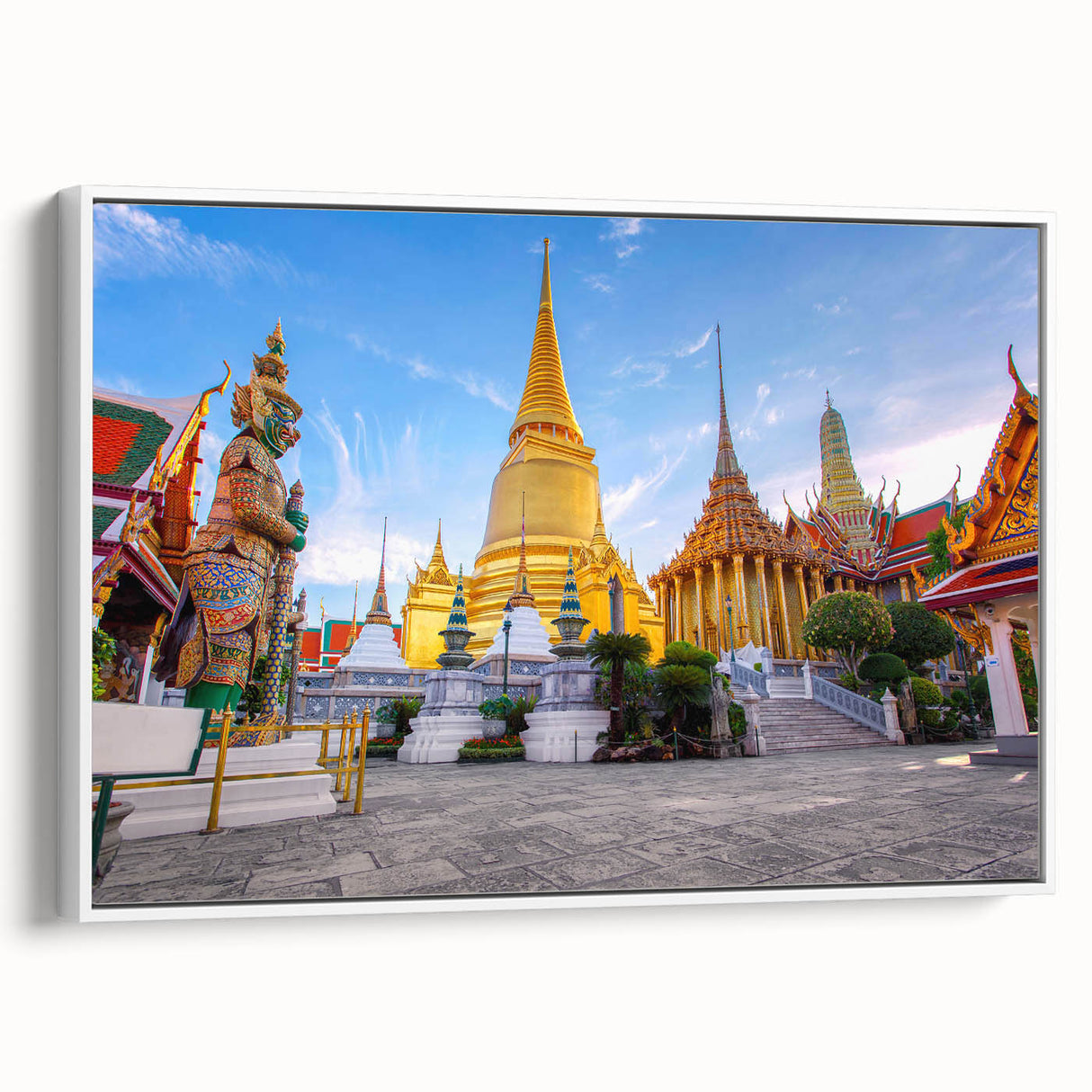 Vintage poster art of Bangkok scenery in vibrant colors on a framed canvas, ideal for living room decor.