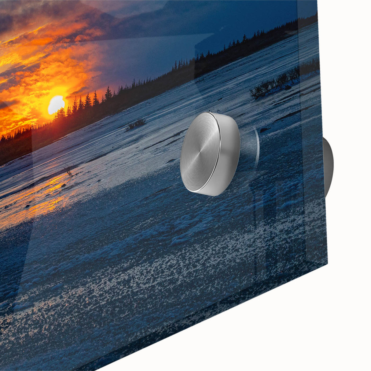 Large abstract wall art depicting a Manitoba scenery in muted green and blue tones on acrylic glass.