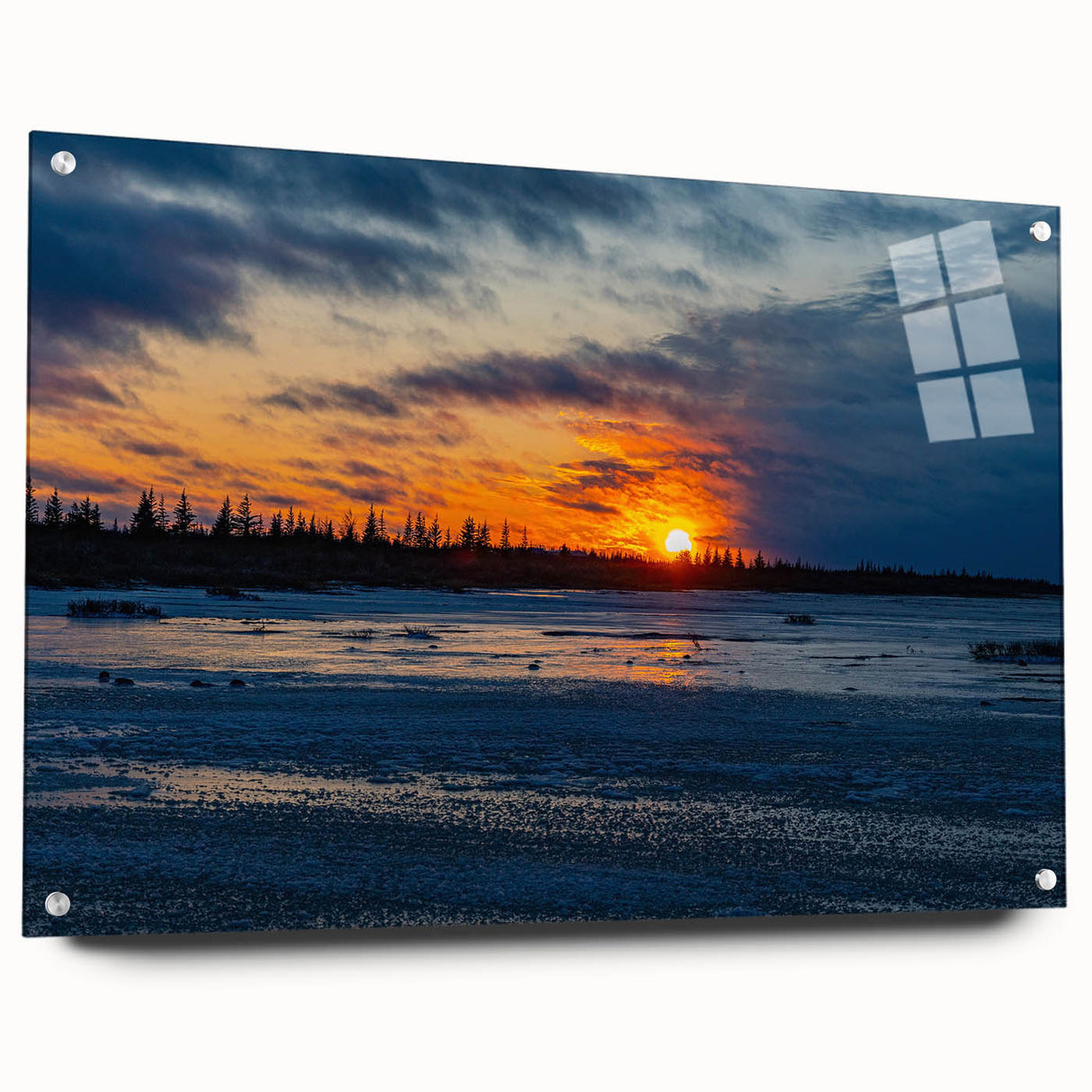 Acrylic print of a Manitoba landscape with cool green and blue hues, ideal for dining room art.