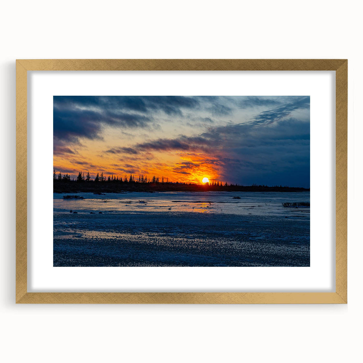 Extra large abstract art print of a textured Manitoba scenery in muted earth tones, framed in gold.