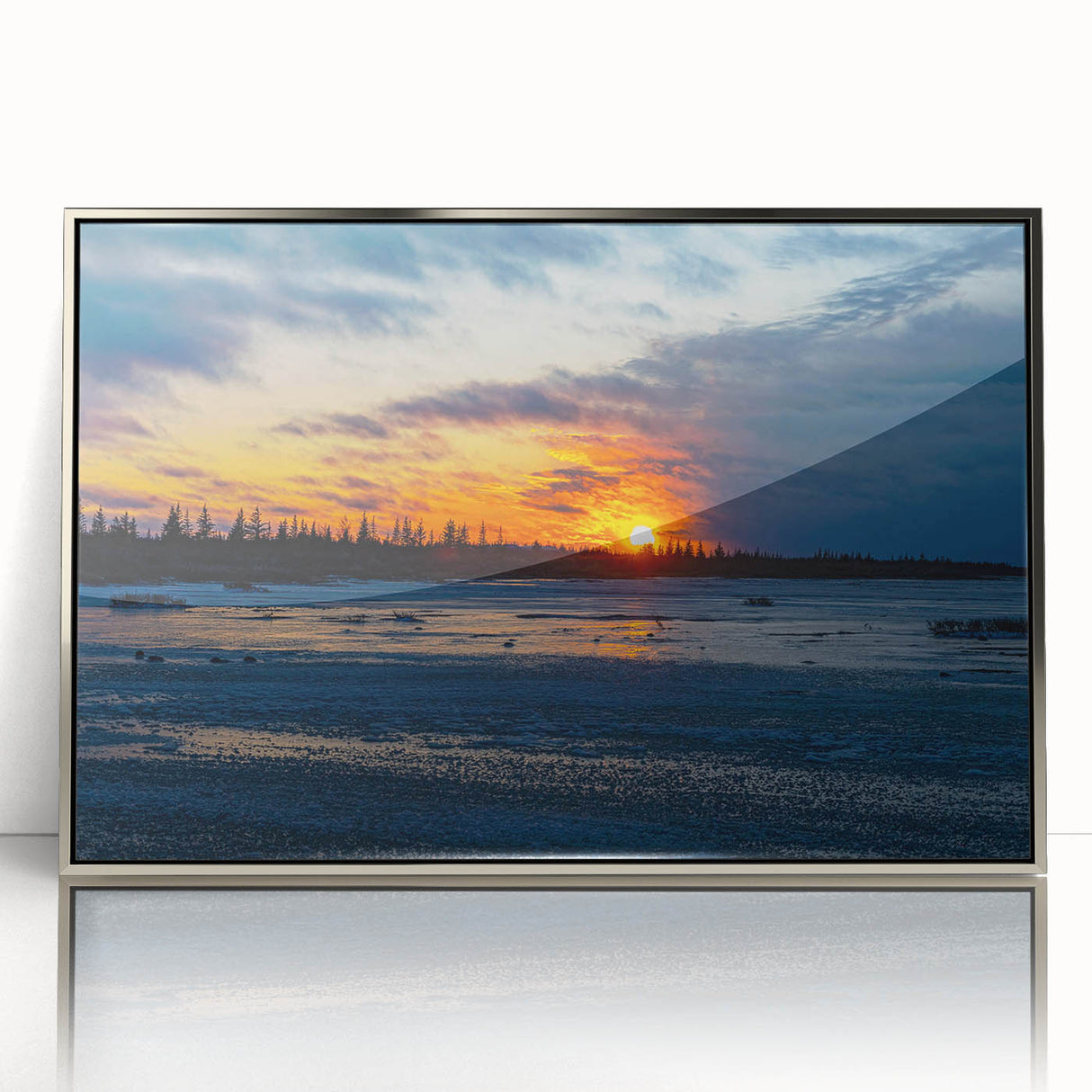 Mid-century modernist art of Manitoba scenery on a framed acrylic, with cool blue and green tones.