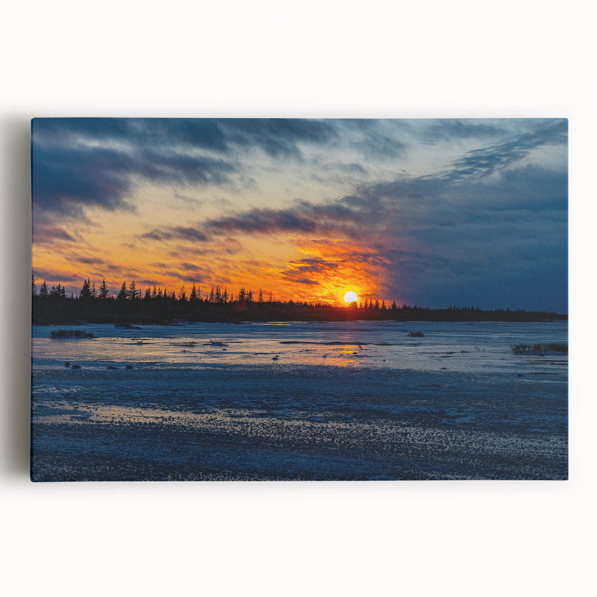 Black and white stretched canvas of a serene Manitoba landscape, ideal for kitchen wall art.