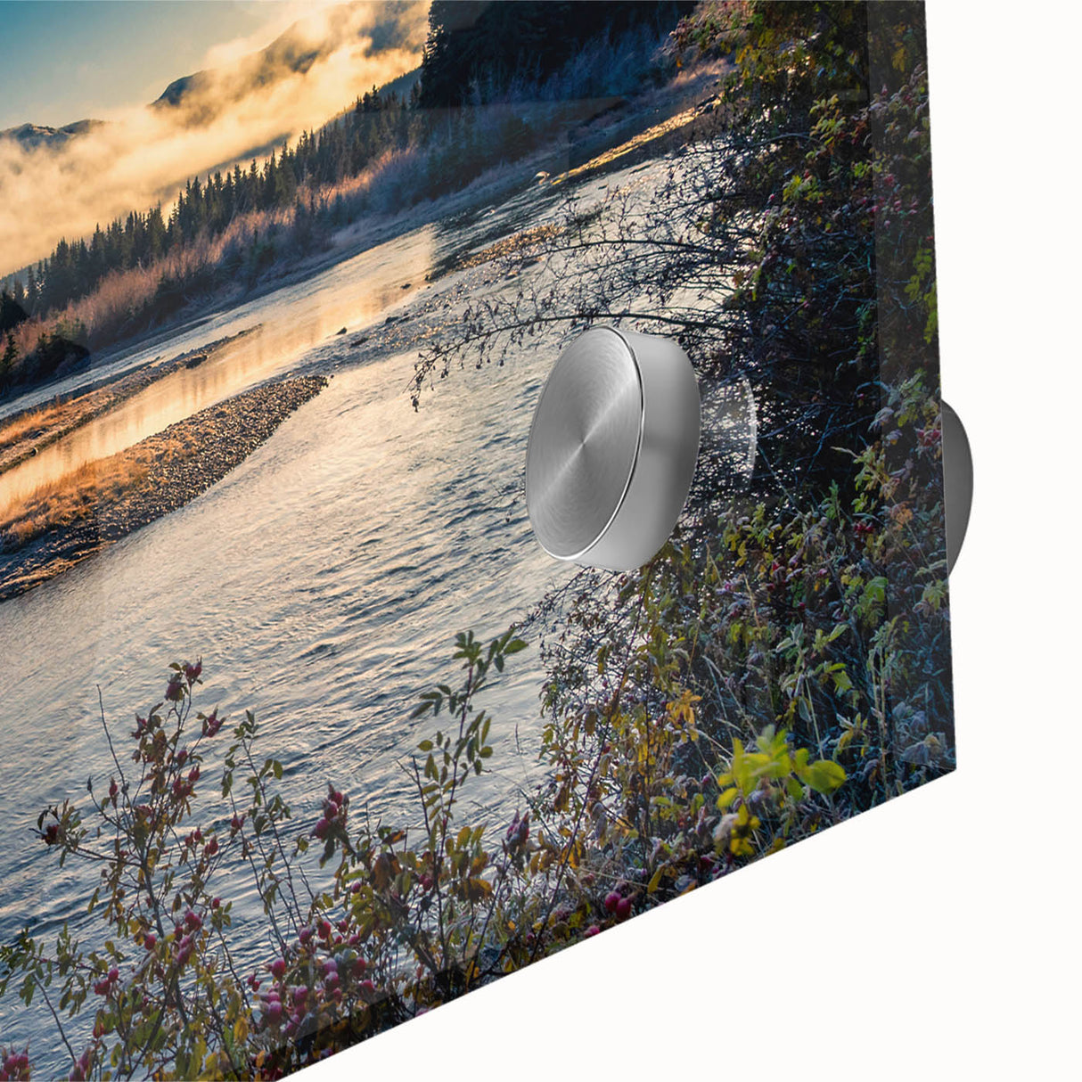 Large abstract wall art depicting Yukon scenery in muted earth tones on acrylic glass, suitable for dining room ambiance.