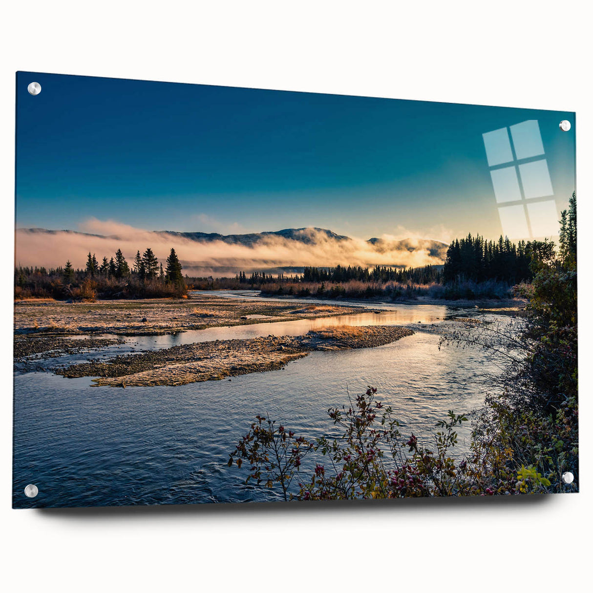 Acrylic print of a Yukon, Canada scenery in muted green and blue tones, ideal for bedroom or dining room decor.