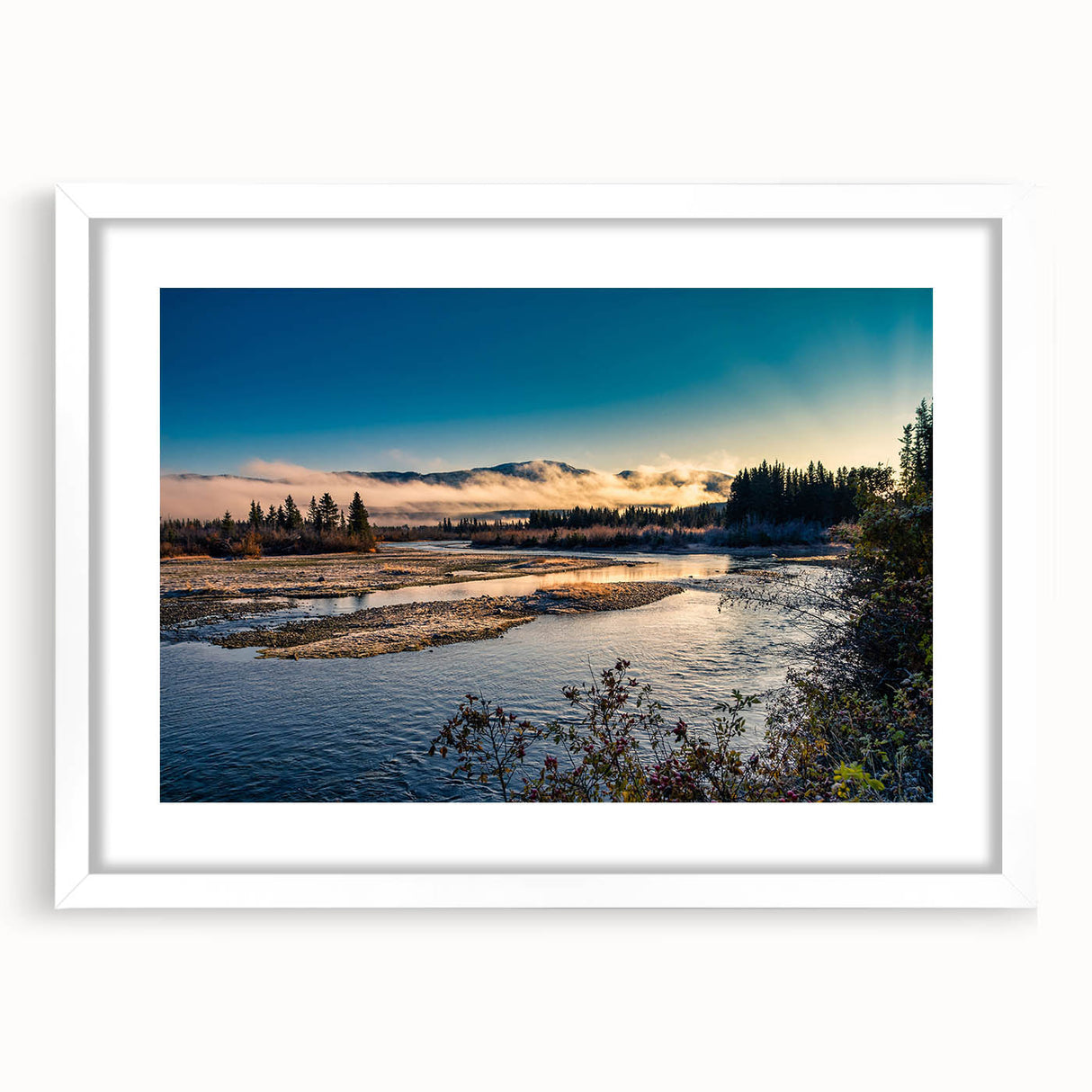 Abstract art print of Yukon scenery in muted earth tones on a framed white mat, suitable for bedroom or dining room decor.