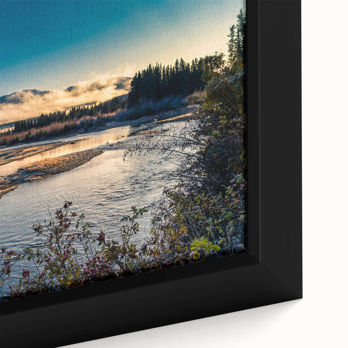 Extra large framed canvas depicting a Yukon landscape in black with colorful, textured art details.