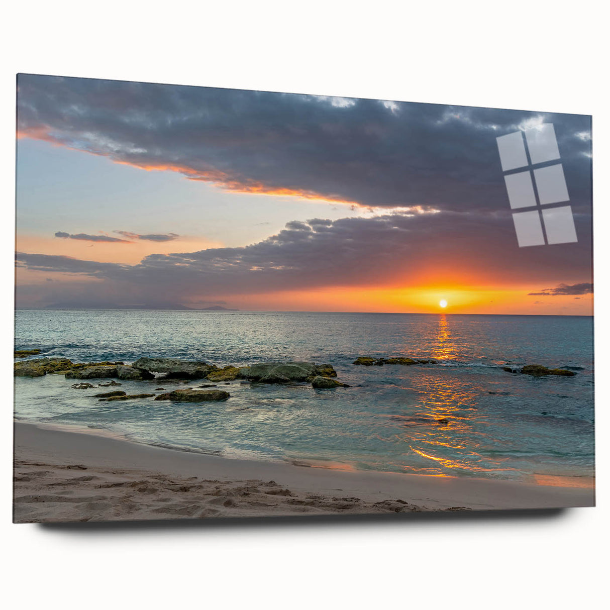 Large abstract wall art of Caribbean scenery on acrylic glass, with vibrant blue and green tones.