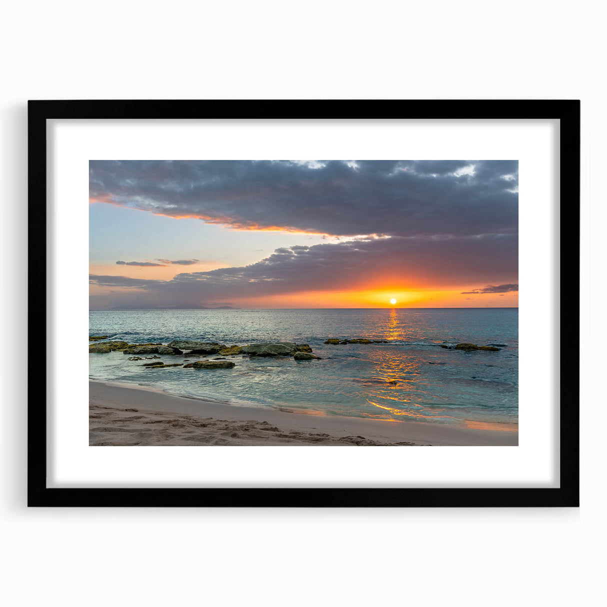 Abstract art print featuring a colorful, textured Caribbean scenery on a large framed canvas, ideal for living room decor.