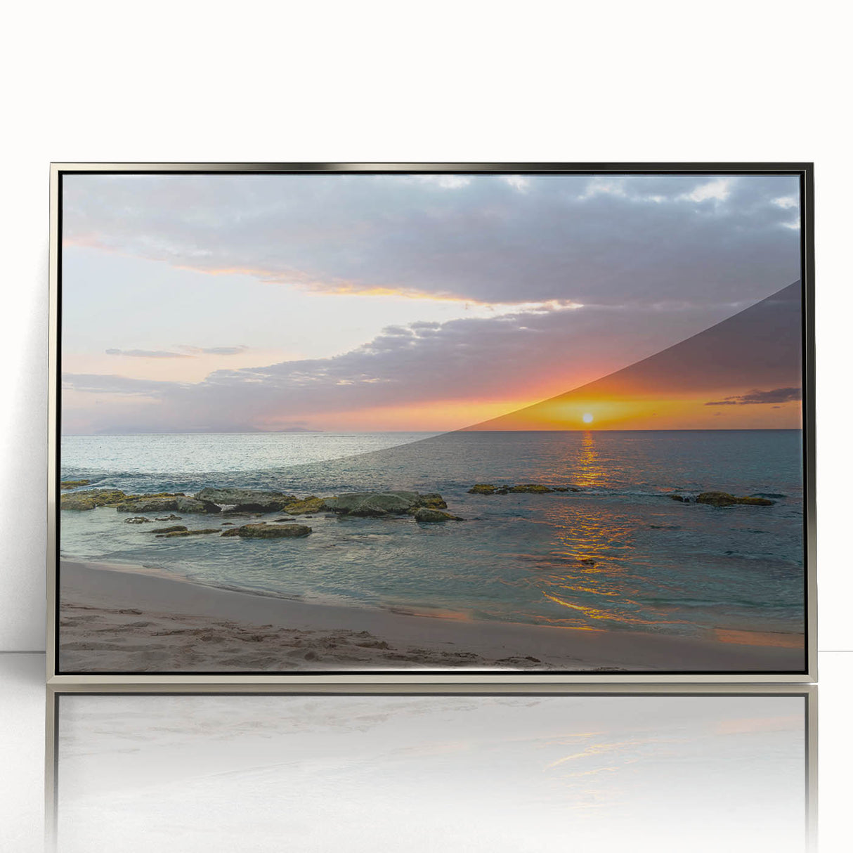 Large art print of a Caribbean beach scene in pastel shades on framed acrylic, suitable for modern nursery decor.