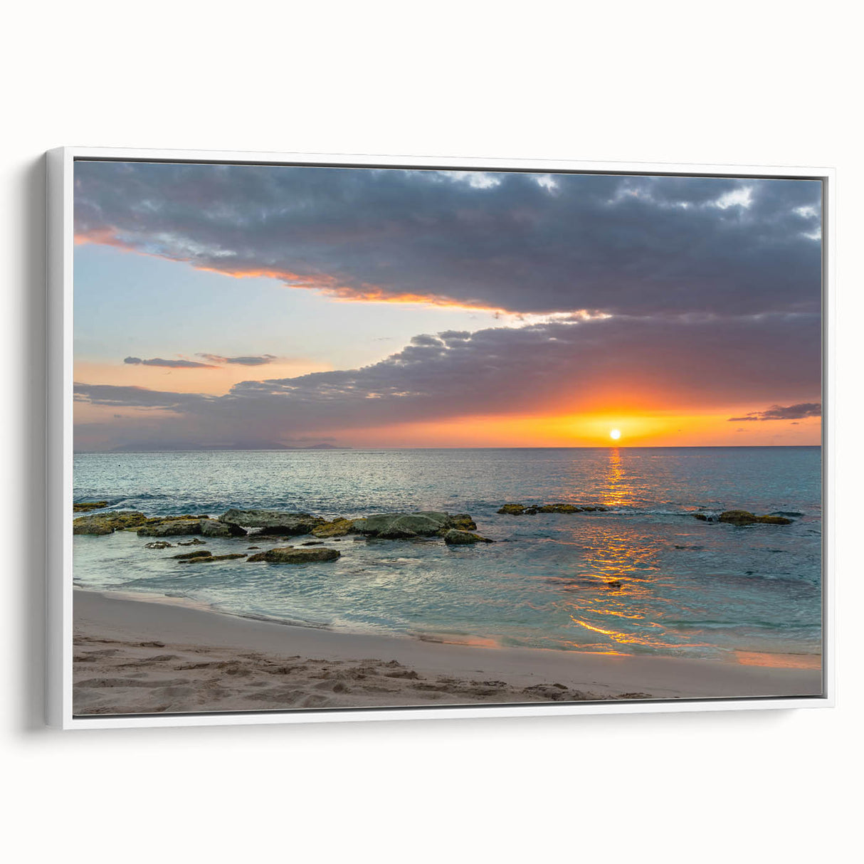 Landscape art painting of Caribbean Antigua scenery on white-framed canvas, featuring vibrant blue and green tones.