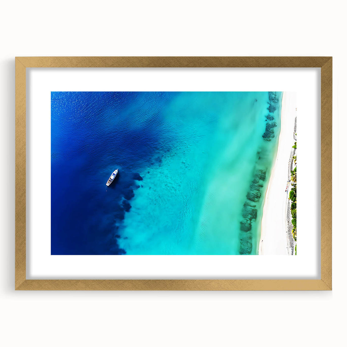 Abstract art print featuring a Caribbean scenery in muted blue and green tones on a framed gold mat.