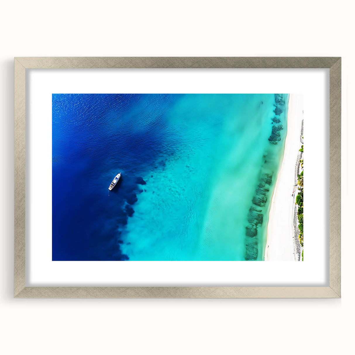 Extra large abstract art print featuring textured scenery of the Caribbean in Jamaica, with muted blue and green tones.