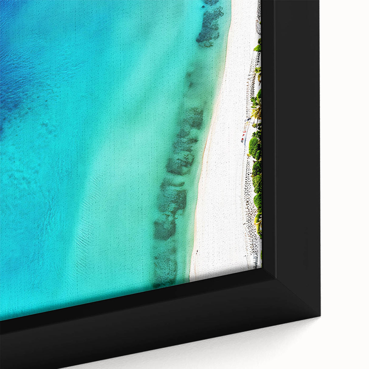 Extra large framed canvas of a textured, colorful Caribbean scenery, ideal for living room decor.