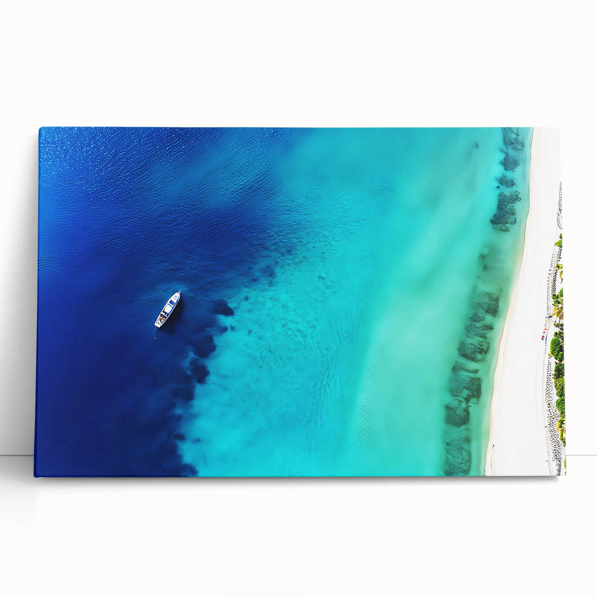 Black and white stretched canvas featuring a serene Caribbean beach scene, ideal for kitchen wall art.