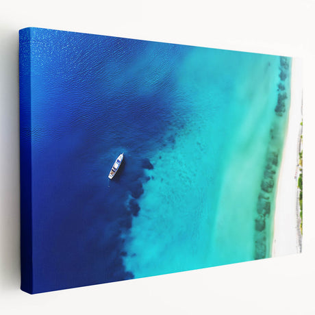 Stretched canvas print of a Caribbean beach with vivid blue and turquoise waters, ideal for kitchen wall art.