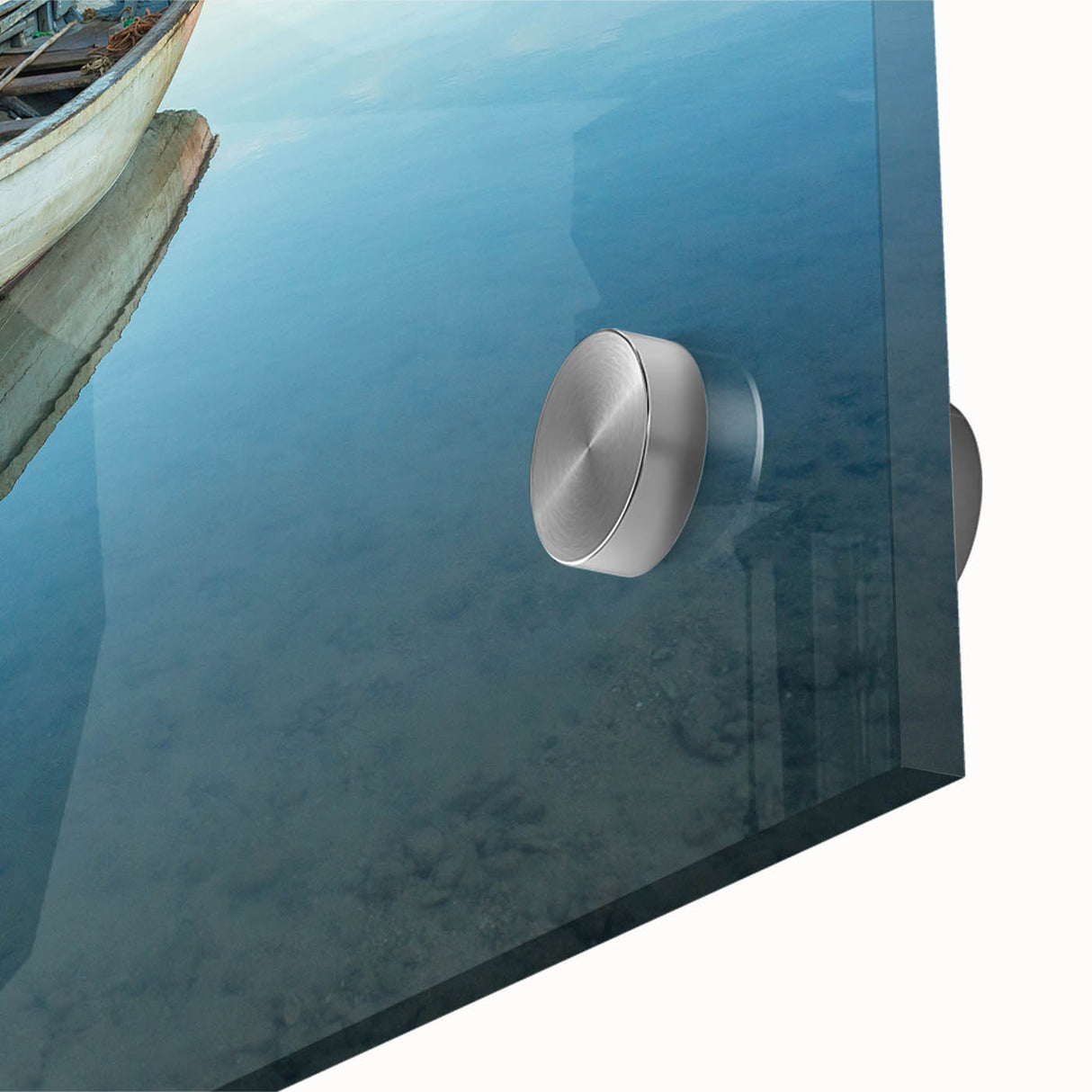 Large abstract wall art depicting a Caribbean scenery in vibrant blues and greens on acrylic glass.