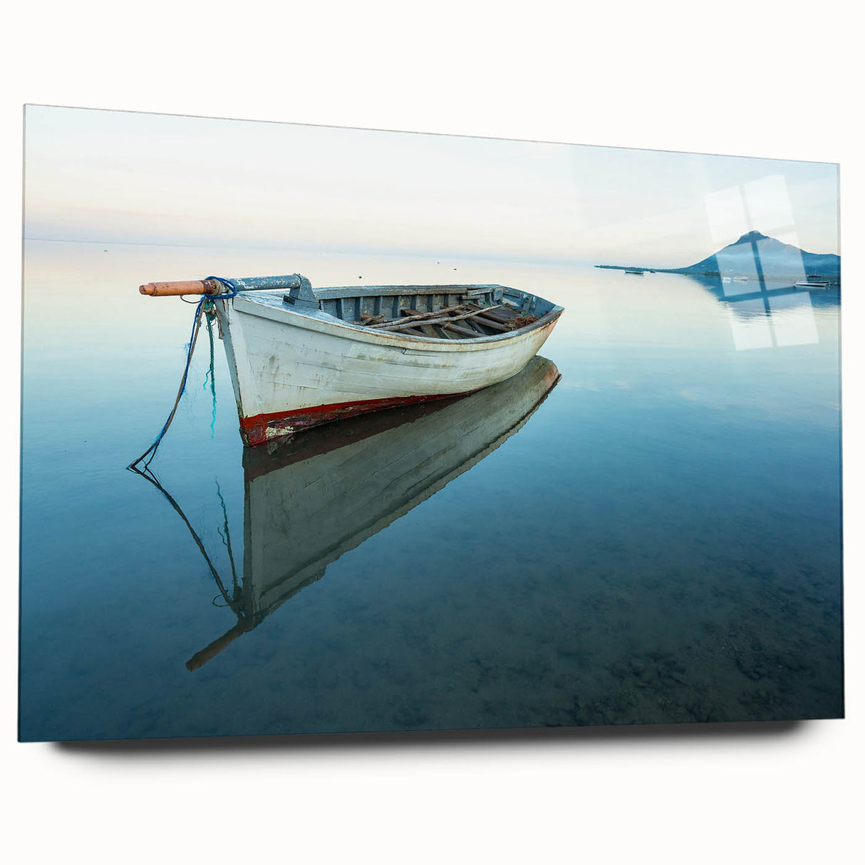 Large abstract wall art of Caribbean Martinique scenery on acrylic glass, in vivid blue and green.