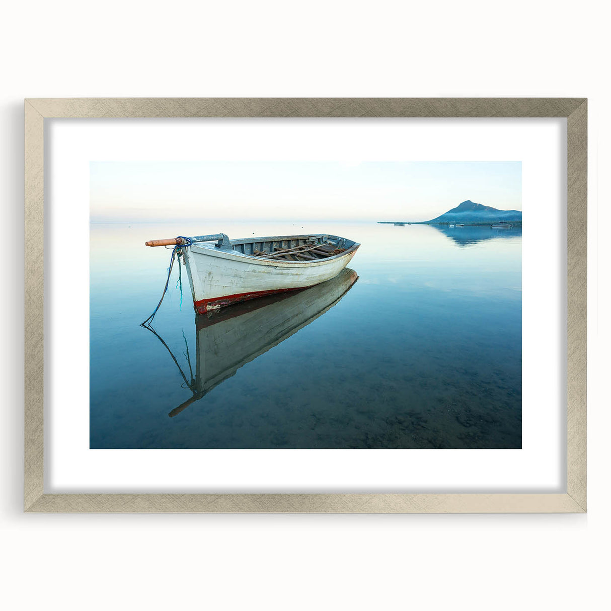 Extra large abstract art print of Caribbean scenery in silver frame, ideal for living room decor.