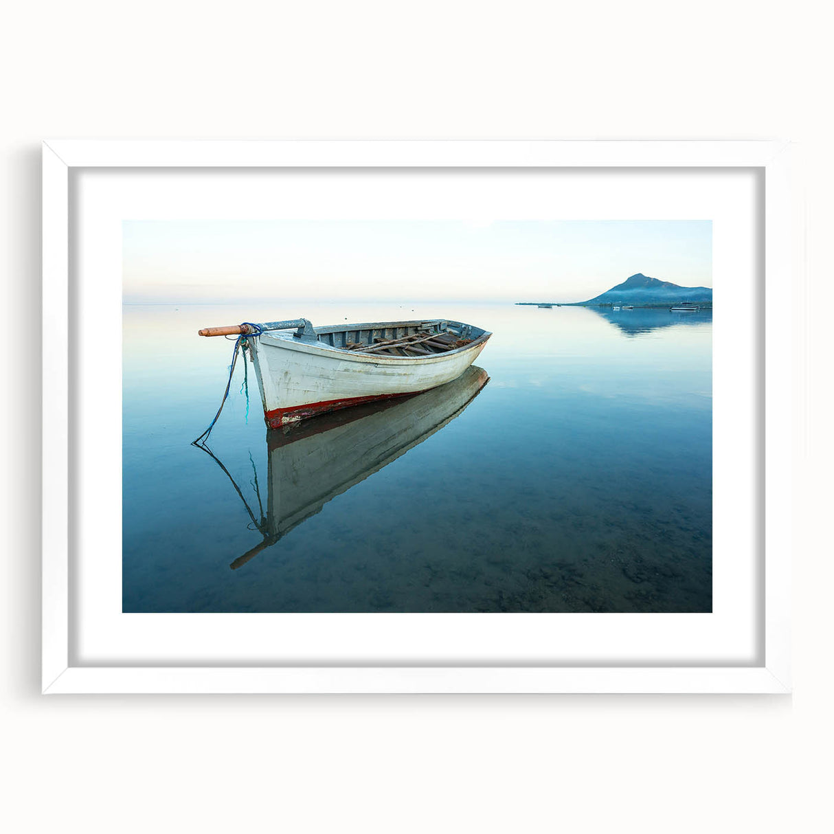 Textured abstract art print depicting a Caribbean seascape in vibrant blue and green tones on a white framed mat.