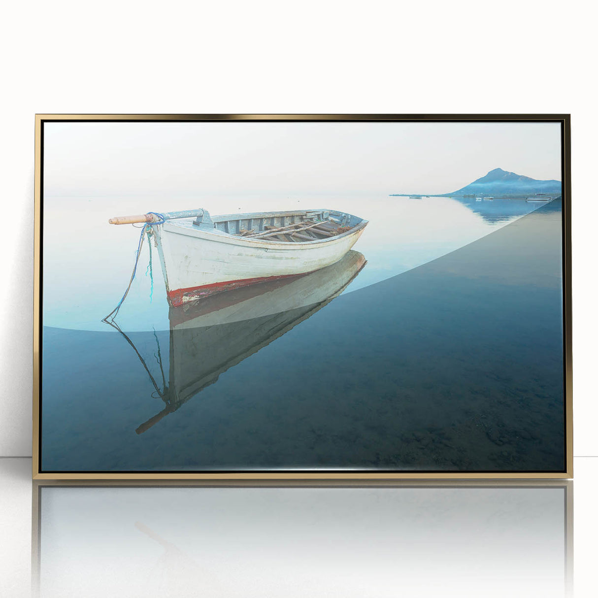 Art Deco style poster of a Caribbean beach scene with vibrant blue and sandy hues, framed in gold acrylic.