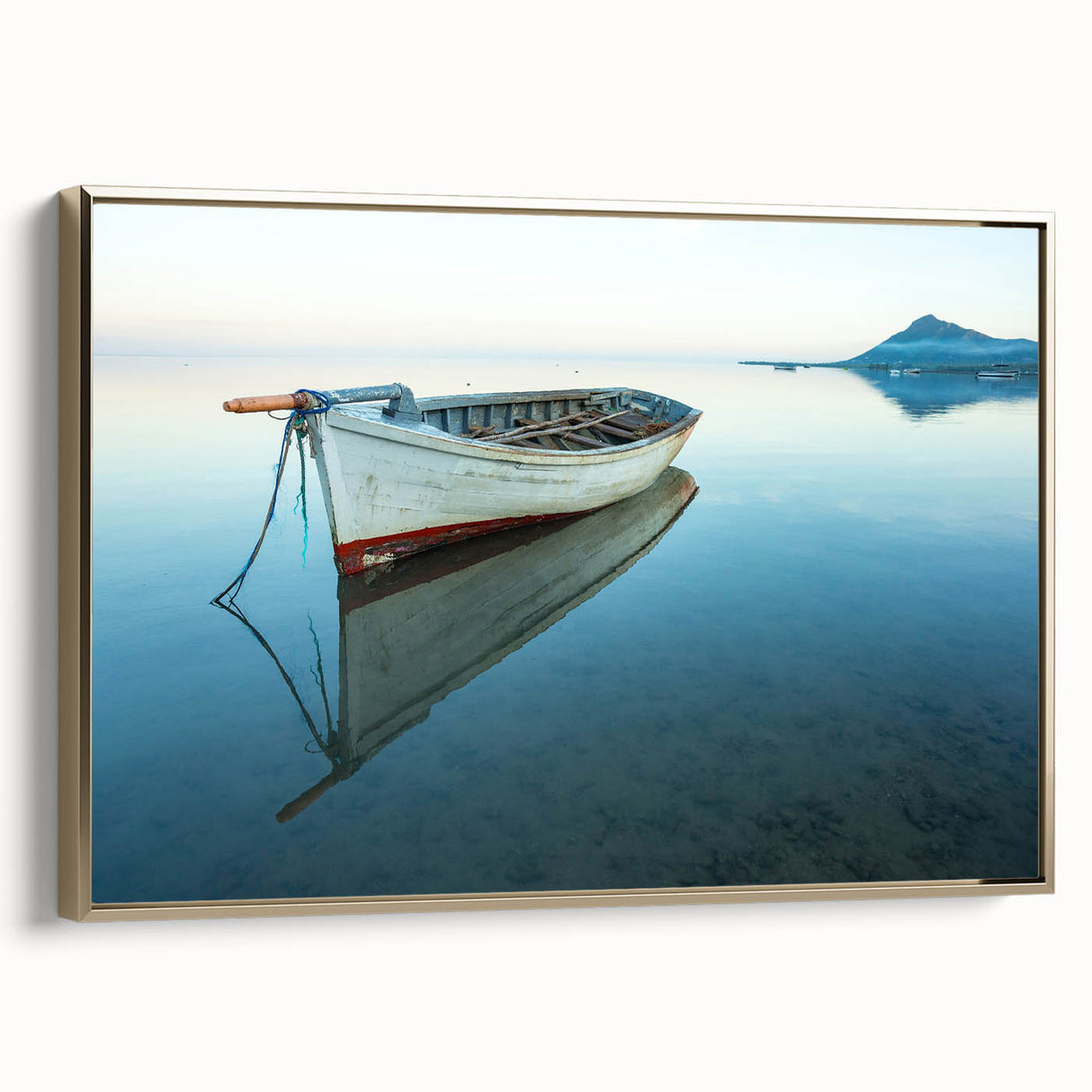 Framed canvas of a vintage Caribbean landscape in muted gold and black tones, ideal for bedroom wall art.