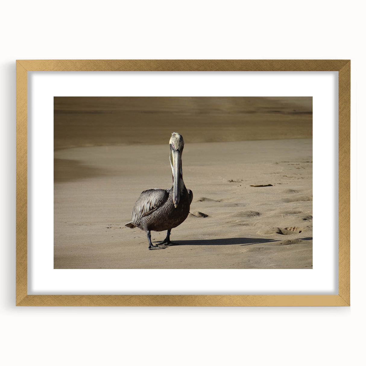 Abstract art print of a Caribbean scenery in gold frame, featuring vibrant blue and green hues, ideal for dining room decor.