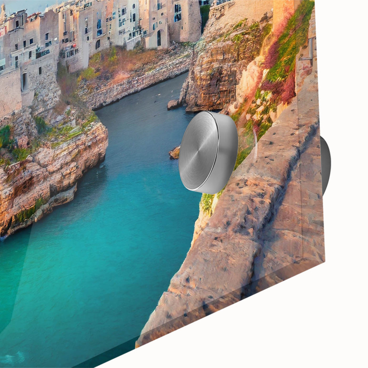 Large abstract wall art of Corsica scenery in muted earth tones on acrylic glass, ideal for dining room ambiance.
