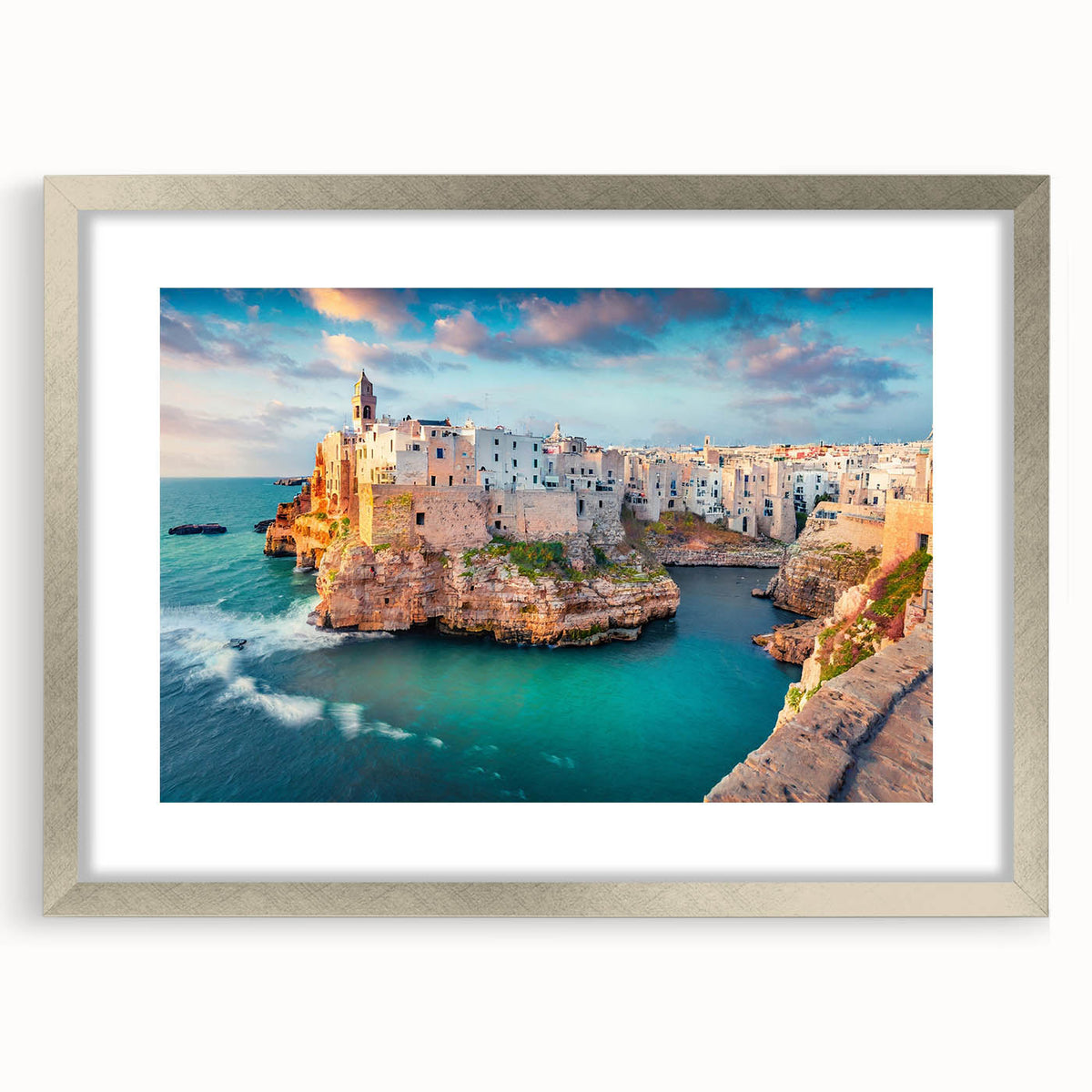 Extra large abstract art print of Corsican scenery in textured silver frame, ideal for living room decor.