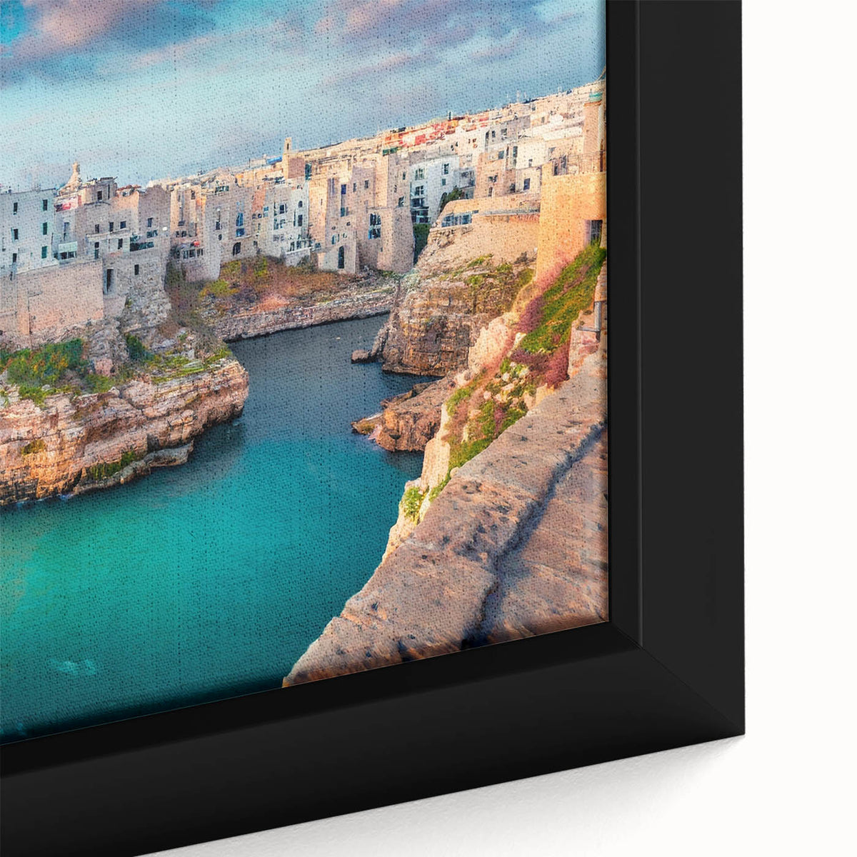 Extra large framed canvas featuring a textured black wall art scene of Corsica, France, with vibrant, colorful accents.