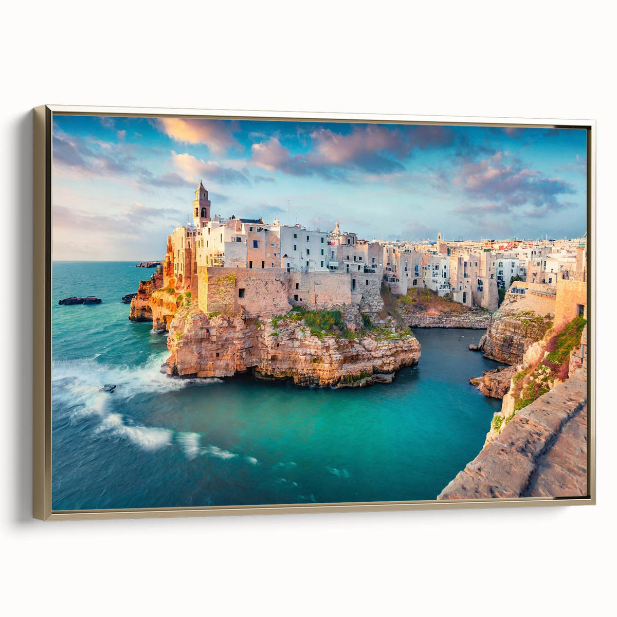 Framed canvas of a vintage Corsican landscape in black and gold tones, ideal for bedroom wall art.