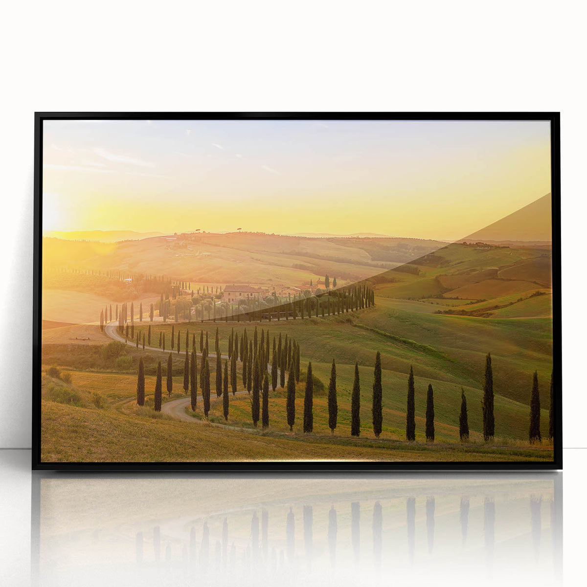 Large abstract wall art depicting the Tuscany landscape in muted earth tones on a framed acrylic.