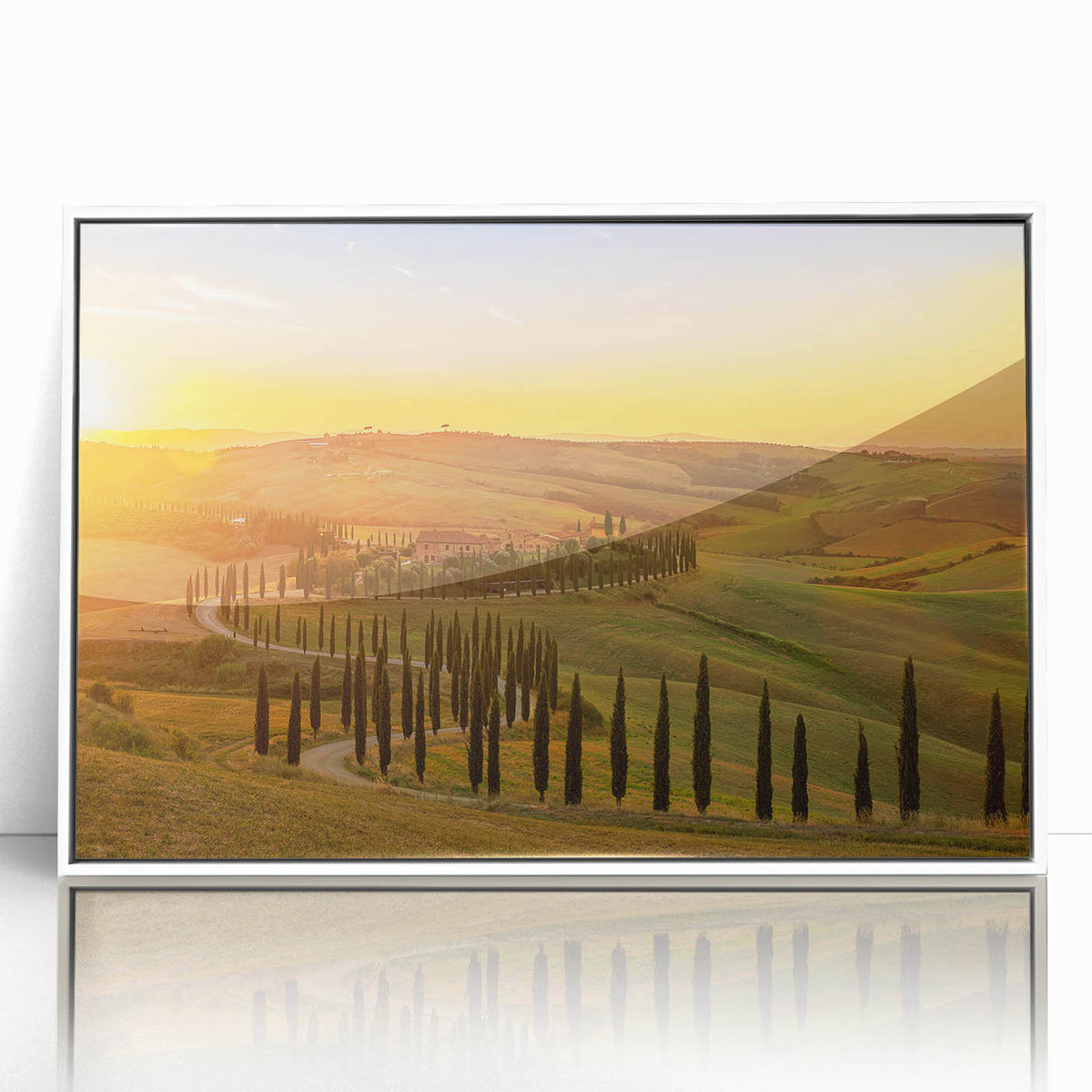 Framed acrylic print of a Tuscan landscape in muted earth tones, ideal for nursery wall art, in mid-century modernist style.
