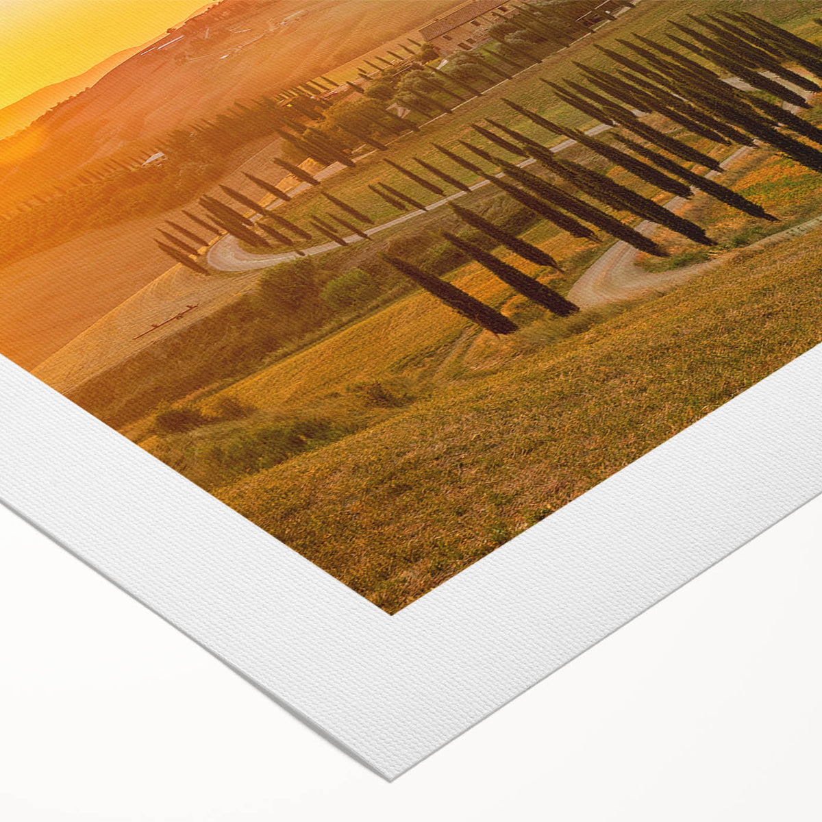 Art deco poster of Tuscany landscape in earth tones on rolled canvas, ideal for dining room wall art.