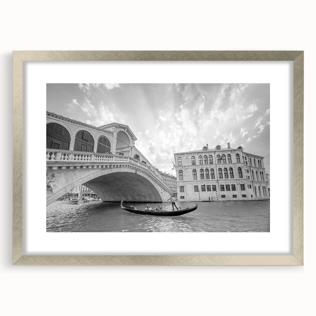 Extra large framed wall art of an abstract Venice scenery in textured silver, ideal for living room decor.