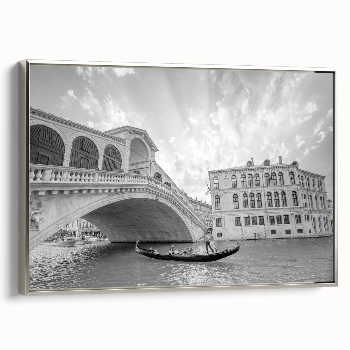 Framed canvas landscape art painting of Venice with muted silver and colorful highlights, ideal for living room decor.