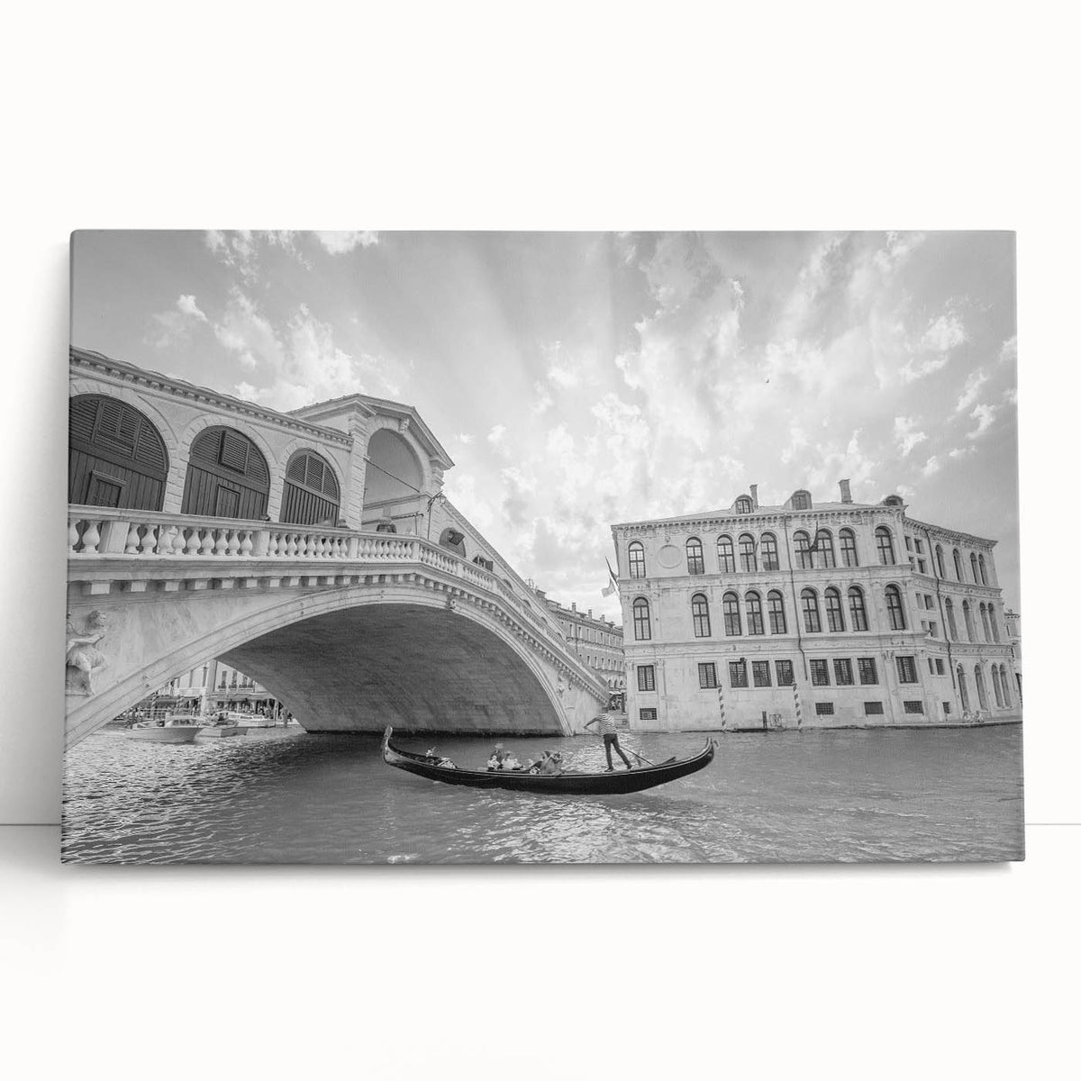 Black and white stretched canvas of Venice scenery, ideal for kitchen wall art.