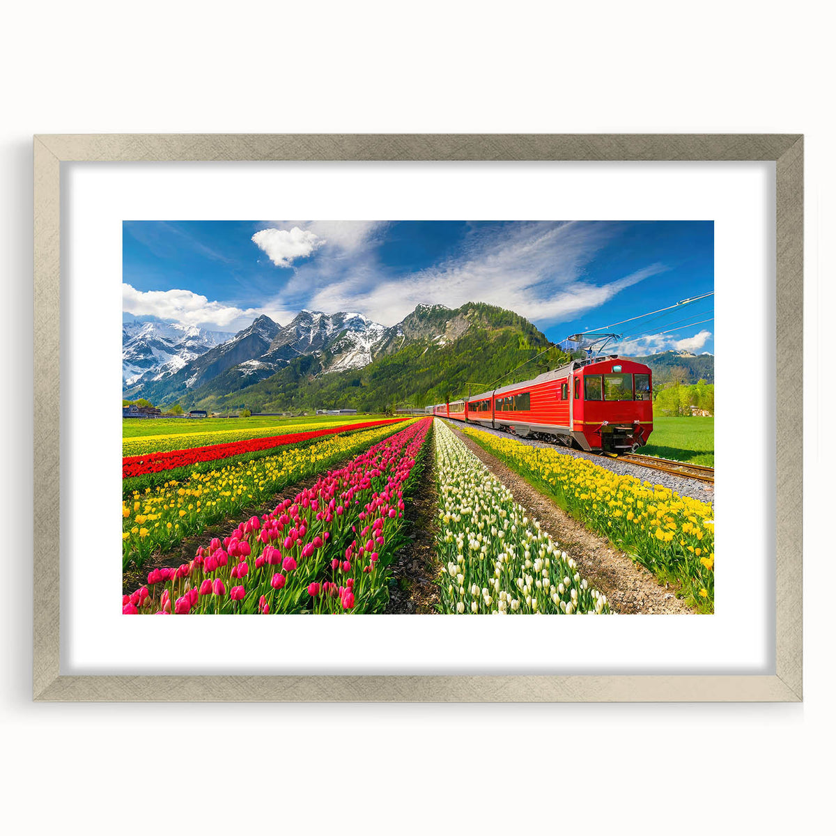 Extra large abstract art print of a textured European scenery in muted earth tones, framed with a silver mat.