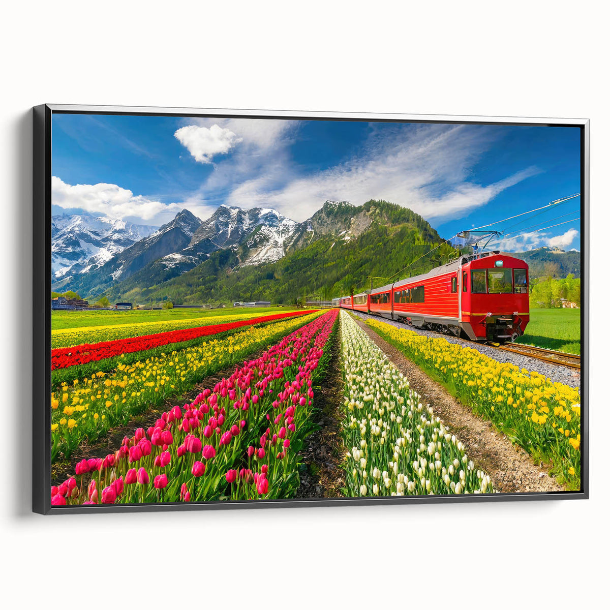 Black and white wall art featuring a vintage poster-style landscape of the Netherlands on framed canvas.