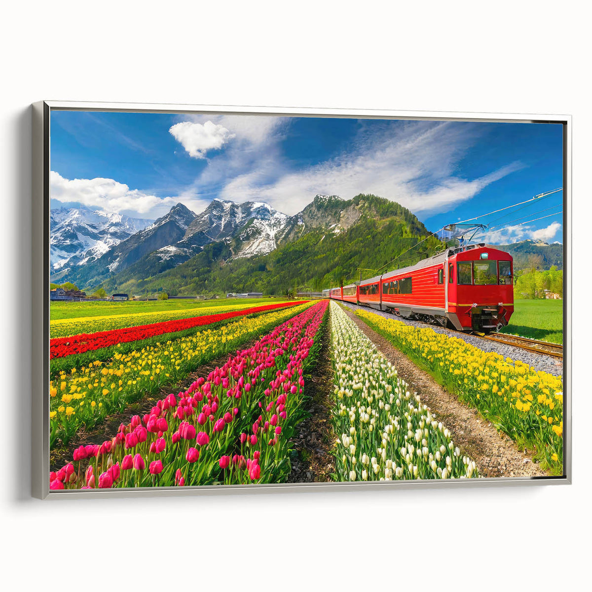 Landscape painting of a European scene on a framed canvas, featuring a blend of colorful and black tones.