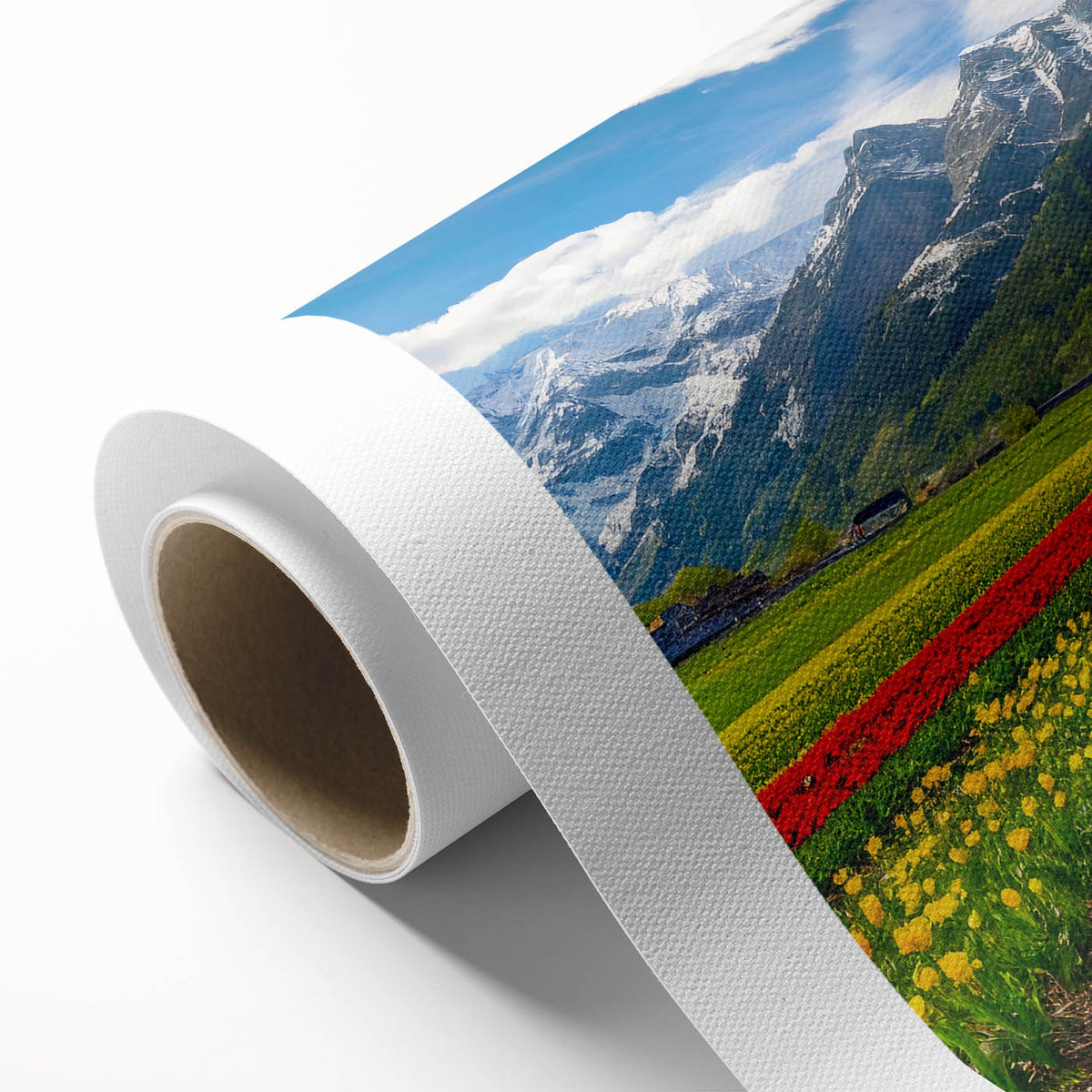 Art deco poster of a serene European landscape in muted earth tones on rolled canvas, ideal for nursery wall art.