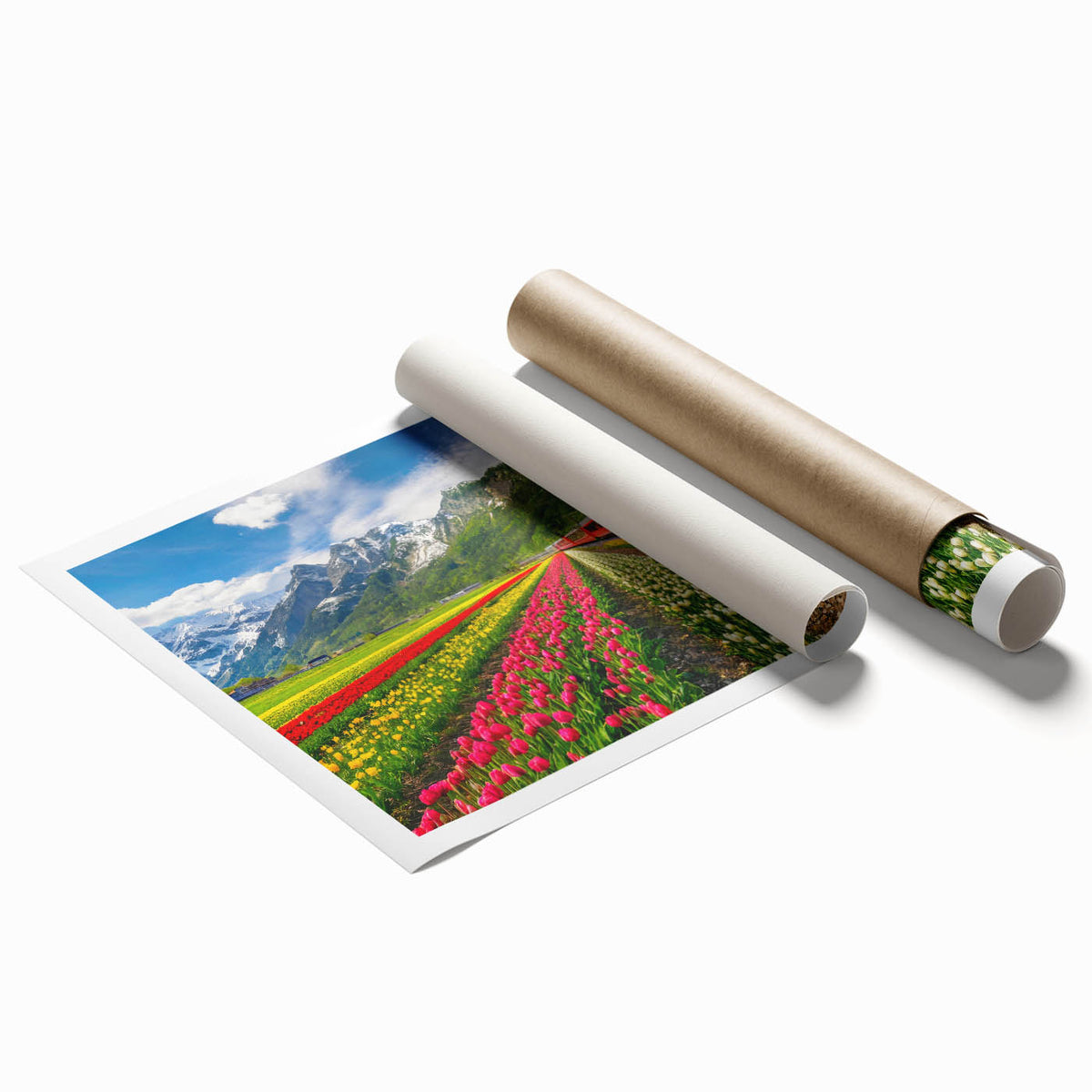 Scenic view of a European town with vibrant floral foreground, on extra large rolled canvas.