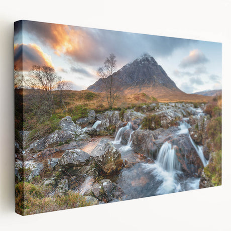 Large art depicting a serene Scottish landscape on stretched canvas, featuring muted green and blue tones.