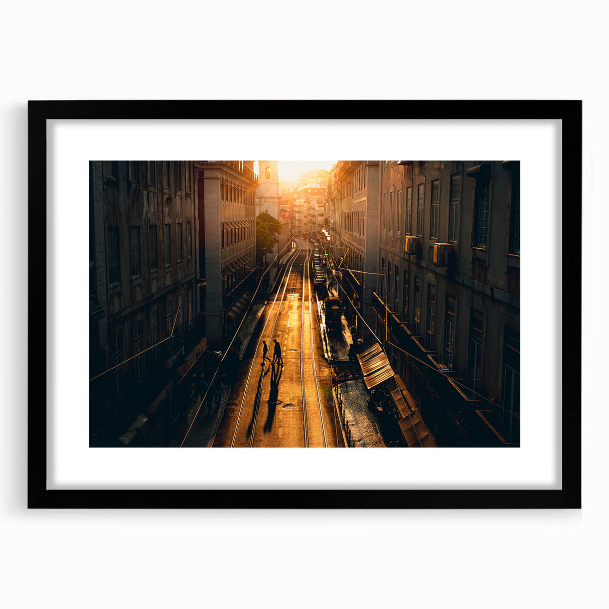 Abstract art print of Stockholm scenery in muted gray and blue tones on a framed black mat, ideal for dining room decor.