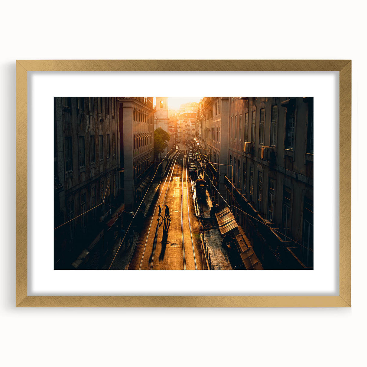 Extra large abstract art print of Stockholm scenery in vibrant, colorful hues on a textured canvas, framed in gold.