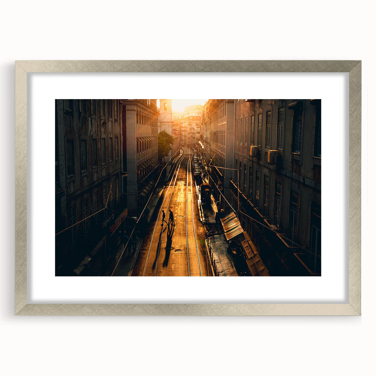 Extra large abstract art print of Stockholm scenery in textured silver frame, ideal for living room decor.