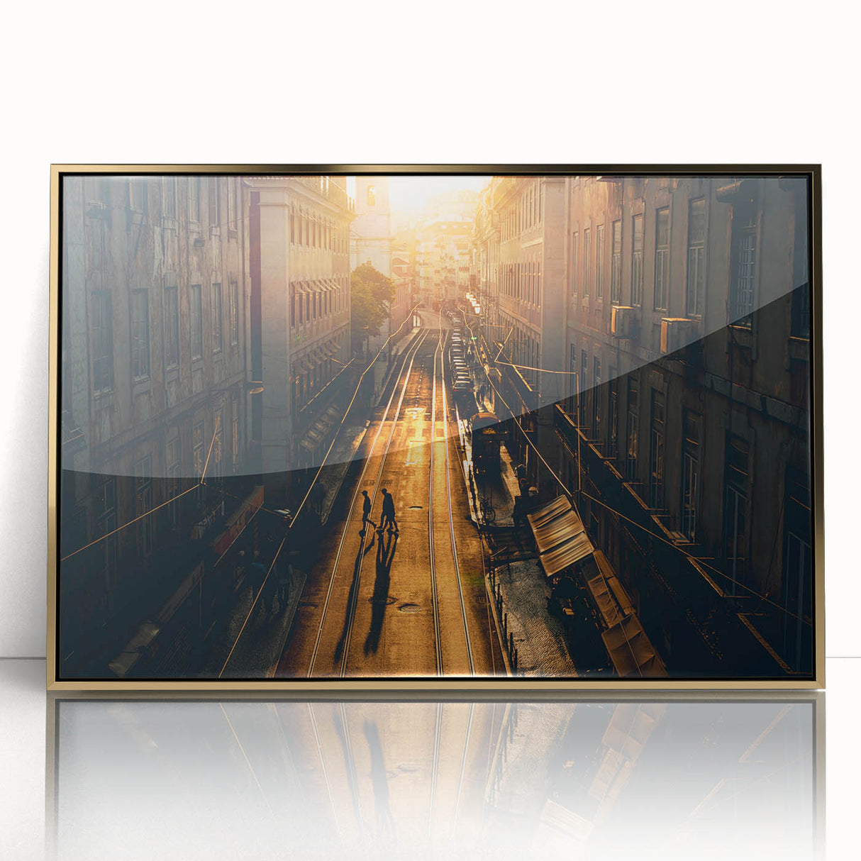 Large abstract wall art depicting a stylized Stockholm cityscape in gold and black hues, framed acrylic print.