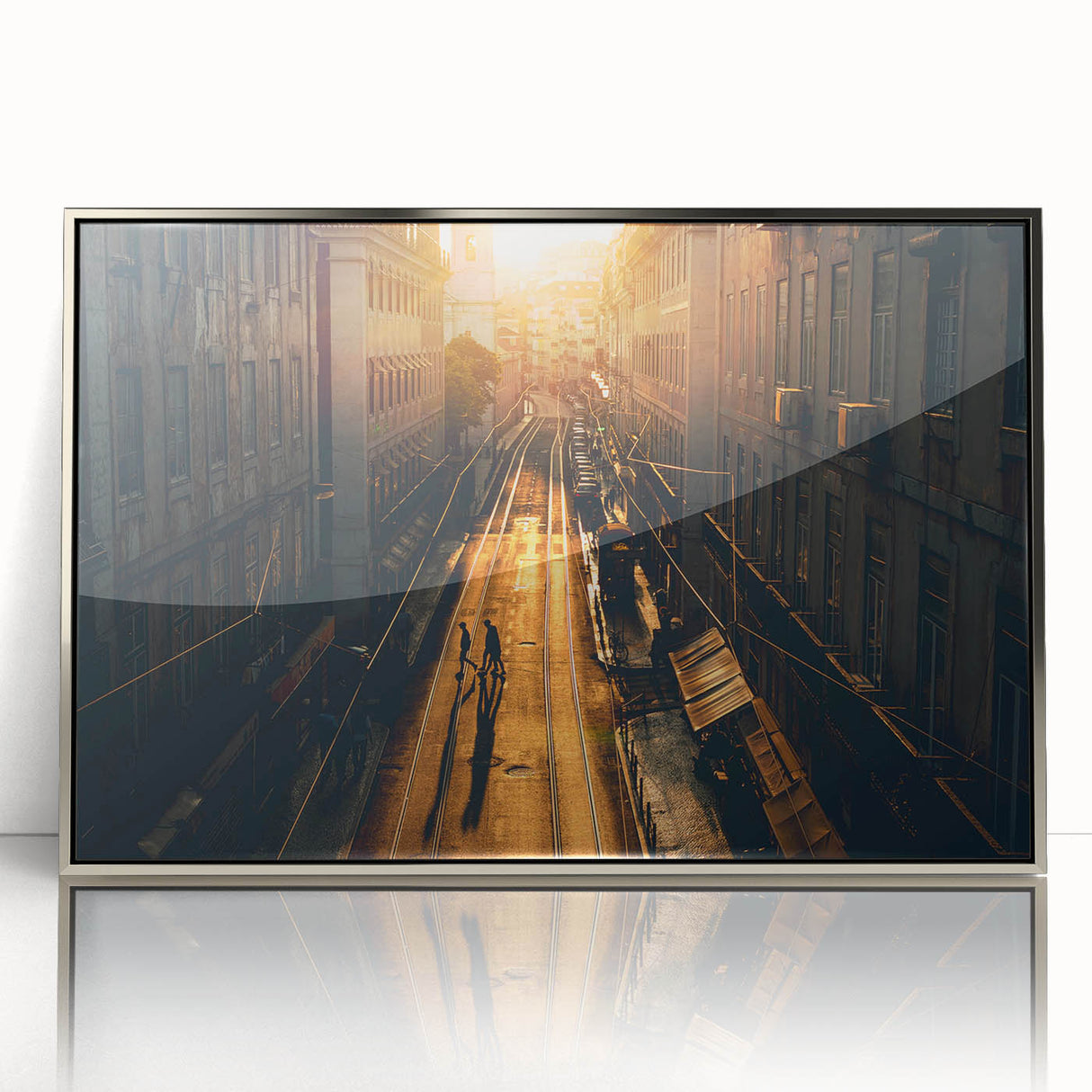 Mid-century modernist art of Stockholm scenery in silver framed acrylic, featuring cool blue and gray tones.