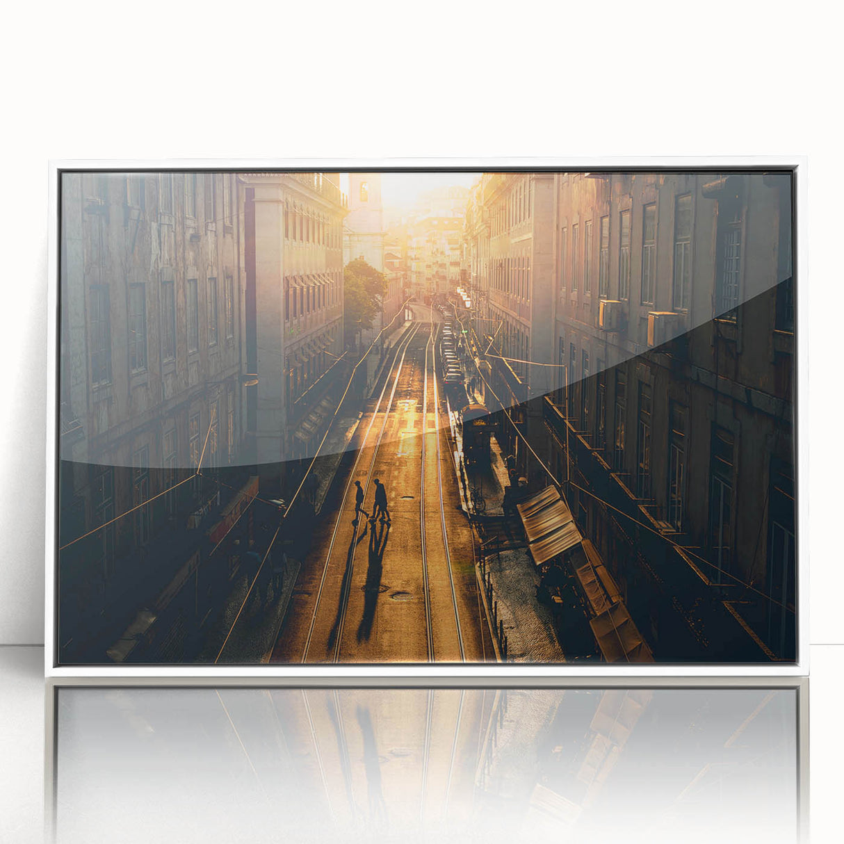 Art Deco poster of Stockholm scenery in muted blue tones on framed acrylic, ideal for modern nursery wall art.