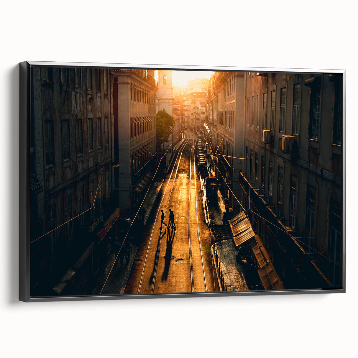 Black and white wall art featuring a vintage poster style landscape of Stockholm on a framed canvas, ideal for bedroom decor.